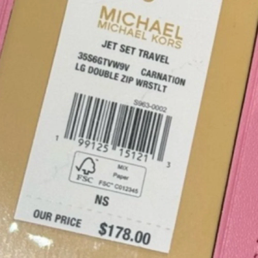 MICHAEL KORS JST Lg Double Zip Printed Sign Logo Wristlet Wallet CARNATION